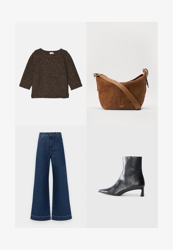 Bruine, getextureerde gebreide trui met driekwartmouwen, brede halslijn en geribbelde zoom. Zacht materiaal met een gezellige uitstraling.; Brede blauwe denimjeans met een hoge taille, voorzien van een knoopsluiting, riemlussen en subtiele stikdetails langs de zakken en zoom.; Zwarte leren enkellaars met een spitse neus en een slank ontwerp. Heeft een lage hak en een ritssluiting aan de achterkant. Gladde textuur.; Bruine suède schoudertas met een geperst bloemmotief, aangevuld met een gladde bruin leren schouderband en accenten in goudkleurig metaal.