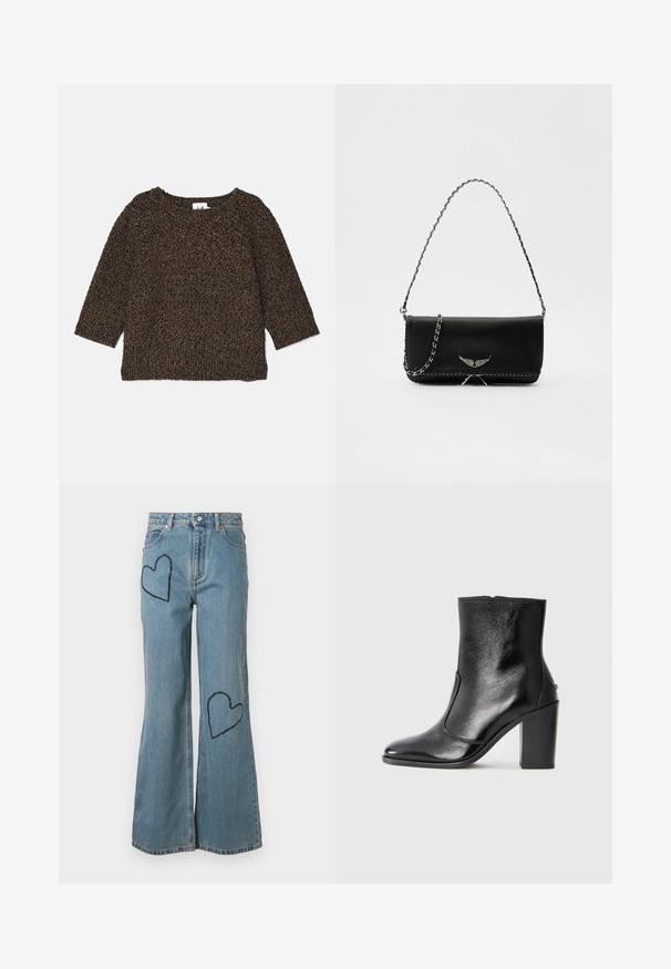Brown, textured knit sweater with three-quarter sleeves, wide neckline, and ribbed hem. Soft material with a cozy appearance.; Light blue denim flared jeans featuring two dark blue heart patches on the front. Classic five-pocket design with a button closure.; Black leather ankle boot with a smooth texture, pointed toe, and a chunky high heel. Features a side opening and minimalistic design.; Black leather handbag with a silver chain strap, featuring decorative wing accents and white stitching along the bottom seam.