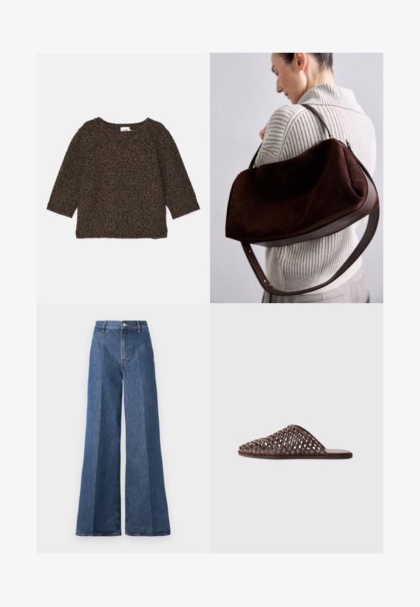Bruine, getextureerde gebreide trui met driekwartmouwen, brede halslijn en geribbelde zoom. Zacht materiaal met een gezellige uitstraling.; Wijd flonkerige blauwe denim jeans met een hoge taille, voorzien van klassieke vijf-pocketstijl en een knoopsluiting, gemaakt van gestructureerde katoen.; Bruine geweven slider-sandaal met een ronde neus, open ontwerp, platte zool en een textuur. Lichtgewicht materiaal en een minimalistische silhouette.; Bruine suède hobo tas met een gebogen leren hengsel, voorzien van een ritssluiting en een gladde afwerking. De tas heeft een ruime, gestructureerde vorm.