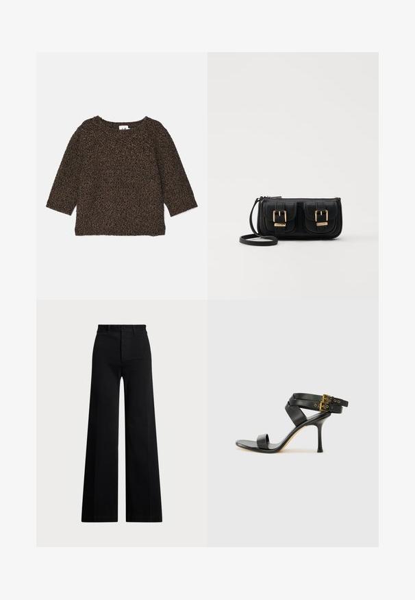 Maglione marrone a maglia testurizzata con maniche a tre quarti, scollatura ampia e orlo a coste. Materiale morbido con un aspetto accogliente.; Pantaloni neri a gamba larga realizzati in tessuto intrecciato, con vita alta, chiusura anteriore con bottone e tasche laterali. Texture liscia con linee pulite.; Sandal nero con tacco a spillo, straps incrociati e fibbia regolabile. Presenta una texture liscia e un tacco affusolato.; Borsa a tracolla nera in pelle con due tasche frontali, fibbie dorate, chiusura con zip e una tracolla sottile. Superficie texturizzata e forma rettangolare compatta.
