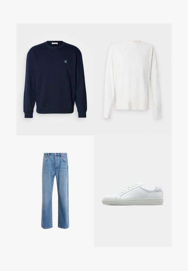 Navy blue sweatshirt in cotton blend with ribbed cuffs and hem. Features small light blue logo on the chest. Classic crew neck design.; Long-sleeved white cotton shirt with a round neckline, side slits at the bottom, and a smooth texture, displayed from the back.; Light blue denim jeans with a straight-leg design, five pockets, button closure, minimal fading, and contrasting stitching details.; White sneaker with a smooth leather upper and a low profile. Features a rounded toe, six eyelets, and a textured rubber sole.