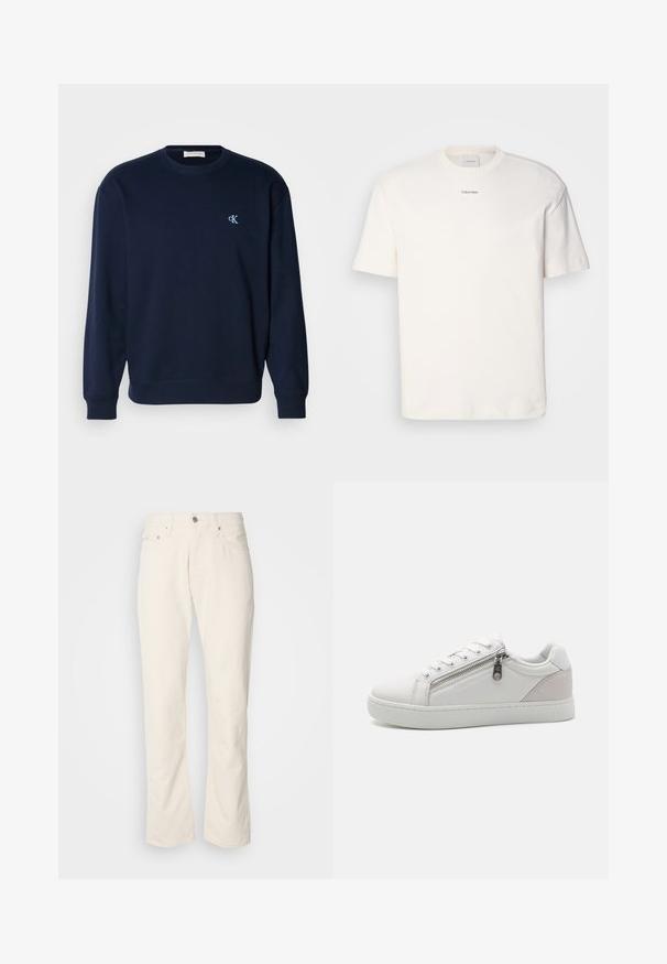 Tyrkysová mikina z bavlněné směsi s žebrovanými manžetami a spodním lemováním. Na hrudi má malou světle modrou značku. Klasický střih s kulatým výstřihem.; Bílá bavlněná tričko s kulatým výstřihem, krátkými rukávy a vyšitým logem "Calvin Klein" na prostředku hrudi. Jednoduchý design.; Bežové bavlněné džíny s klasickým rovně střiženým designem, které mají zapínání na předním knoflíku, pět kapes a jemné detaily šití.; Bílé tenisky vyrobené z hladké kožené materiálu, s kontrastním béžovým semišovým akcentem na patě a detailem zipu na boku.