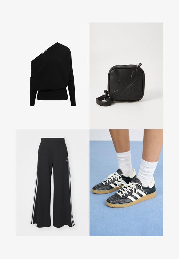 Suéter negro acanalado con diseño asimétrico de un solo hombro, mangas largas y tejido texturizado. Presenta un dobladillo inferior ajustado.; Pantalones de chándal negros de pierna ancha con una cinturilla elástica, que presentan franjas blancas a los lados y un logo bordado en el muslo izquierdo.; Zapatillas de cuero negro con rayas blancas, punta redonda, cordones blancos y suela de goma. Destacan por su cuello acolchado y detalles de marca.; Bolso cruzado negro hecho de material sintético texturizado. Presenta un diseño de logo en relieve y correa ajustable. Cierre con cremallera.