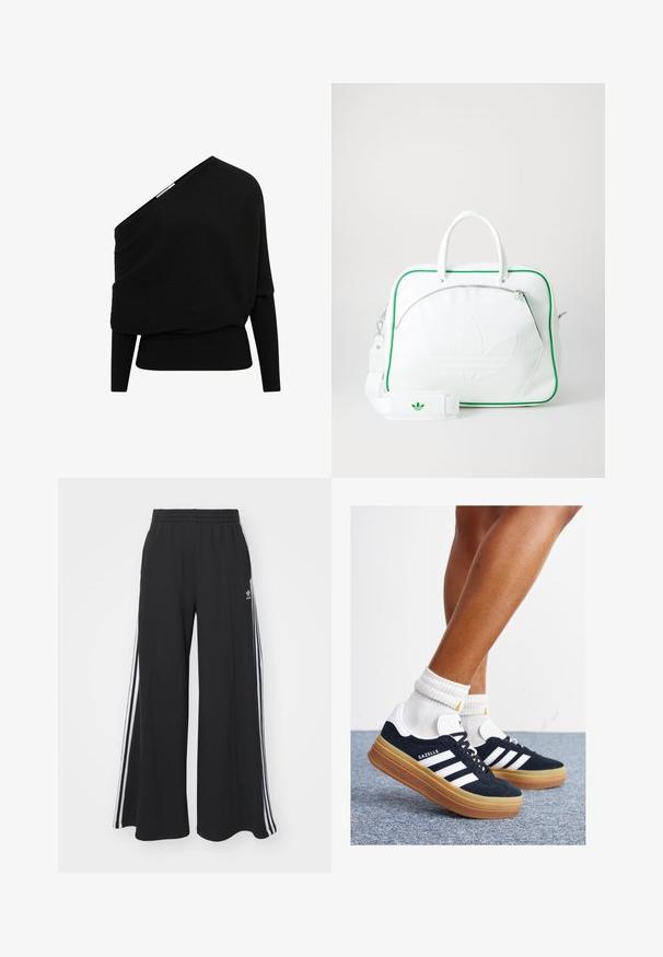Pull noir côtelé avec un design asymétrique décolleté, des manches longues et un tissu texturé. Présente un ourlet inférieur ajusté.; Pantalons de survêtement larges noirs avec une taille élastique, présentant des rayures blanches sur les côtés et un logo brodé sur la cuisse gauche.; Baskets en daim noir avec des rayures et des accents blancs, bout arrondi, semelle extérieure en caoutchouc gomme, associées à des chaussettes blanches côtelées mi-mollet.; Sac en cuir blanc avec des garnitures vertes, doté d'un logo en relief bien visible, de poignées doubles, d'une bandoulière amovible et d'une poche frontale zippée.
