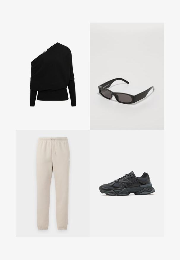 Pullover nero a coste con design asimmetrico off-shoulder, maniche lunghe e tessuto testurizzato. Presenta un orlo inferiore aderente.; Pantaloni della tuta beige chiaro realizzati in tessuto morbido, con una vita elastica, un cordoncino regolabile e polsini a vite alle caviglie.; Scarpa da corsa nera con una combinazione di materiali in rete e sintetici, suola spessa, design curvo e marchio ben visibile sul lato.; Occhiali da sole rettangolari neri con lenti scure, montatura in plastica liscia e un logo sottile sul braccio sinistro. Design minimalista.