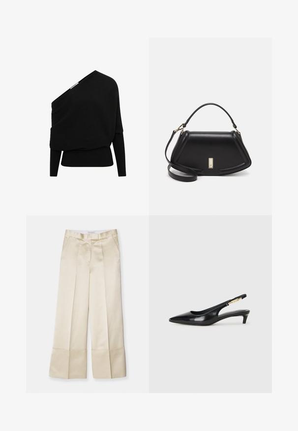 Schwarzer, gerippter Pullover mit asymmetrischem One-Shoulder-Design, langen Ärmeln und strukturiertem Stoff. Verfügt über einen taillierten Saum.; Beige weite Hose aus glattem Stoff mit hohem Bund, gepunkteter Vorderseite und umgeschlagenem Saum, ausgestattet mit seitlichen Taschen und sauberem Finish.; Schwarze Leder-Slingback-Pumps mit spitzem Schuhblatt, ausgestattet mit einem schlanken Absatz und einem goldfarbigen Akzent am verstellbaren Riemen. Glatte Textur.; Schwarze Lederhandtasche mit einem strukturierten Design, das eine verkürzte Form, einen oberen Griff und goldfarbene Hardware-Details aufweist. Verstellbarer Schulterriemen ist enthalten.