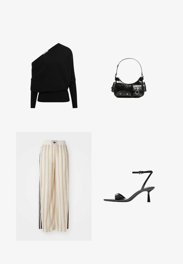 Fekete bordás pulóver aszimmetrikus, vállat a vállról leengedő kivágással, hosszú ujjal és texturált anyaggal. Feszes, alul lezárt szegéllyel rendelkezik.; Krém színű, széles szárú nadrág zigzag mintával, fekete logós derékrésszel és fekete oldalsávokkal. Könnyű, texturált anyag.; Bershka Magas sarkú szandálok - black; Fekete lakkbőr kézitáska ívelt formával, egy vállpánttal, elülső zsebekkel és ezüstszínű fémrészletekkel.