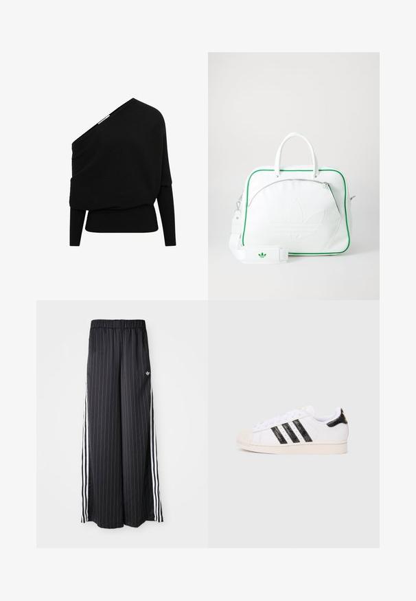 Suéter negro acanalado con diseño asimétrico de un solo hombro, mangas largas y tejido texturizado. Presenta un dobladillo inferior ajustado.; Pantalones negros de pierna ancha con rayas blancas verticales, cinturilla elástica y tres rayas blancas a lo largo del lado. Logo de Adidas en la parte frontal.; Zapatilla blanca con rayas y acentos texturizados en negro; cuenta con una puntera de goma, cordones planos y acolchado alrededor del tobillo.; Bolso de cuero blanco con ribetes verdes, que presenta un prominente logo en relieve, asas dobles, una correa desmontable y un bolsillo frontal con cremallera.