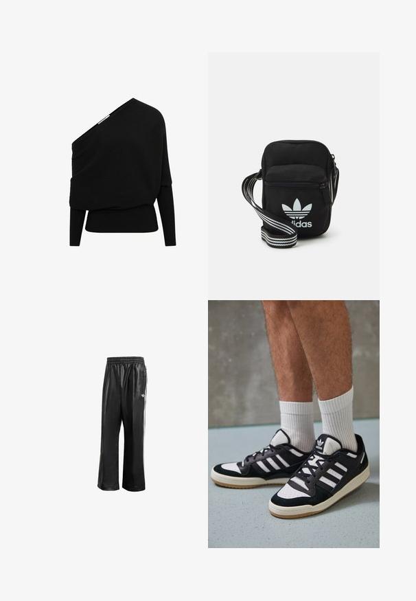 Mustat ribbed-pullot, joissa on epäsymmetrinen off-shoulder-muotoilu, pitkät hihat ja tekstuuri. Ominaisuuksiin kuuluu tiukka alahelma.; Mustat synteettiset juoksuhousut, joissa on joustava vyötärö, valkoiset sivusuunnassa olevat raidat ja pieni valkoinen logo vasemmassa lantiossa.; Valkoiset ja mustat tennarit, joissa on mokkanahka- ja nahkapäällinen, kolme valkoista raitaa, rei'itetty kärki ja kumipohja.; Musta kangas olkalaukku vetoketjulla, jossa on valkoinen Adidas-logo ja raidallinen säädettävä hihna helppoa kantamista varten.