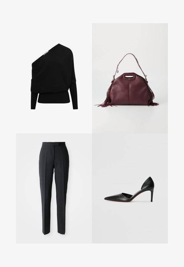 Must ümar peapool, millel on asümmeetriline õlavarre disain, pikad varrukad ja tekstureeritud kangas. Omab lihvitud allääret.; Mustad kõrge vöökohaga sirged püksid esitletud lihtsal heledal taustal.; Must mustas nahkmatk kõrged kontsad terava ninaga, avatud külgedega ja štampuuri profiiliga. Omab õhukest kontsa ja punast tallavärvi aktsenti.; Burgundi värvi nahast käekott ümmarguse kujuga, ülemise käepideme ja hõbedaste detailidega, külgedel on frantsiisid.