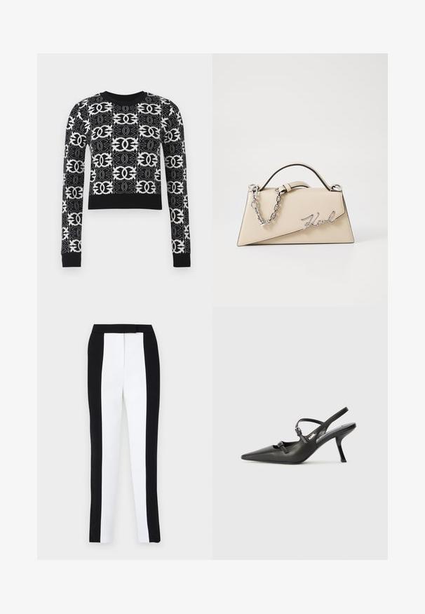 Czarny i biały sweter z krótkimi rękawami, złożony z misternych wzorów geometrycznych, z długimi rękawami oraz jednolitym czarnym rypsowym dekoltem i mankietami.; Czarno-białe spodnie zwężane z dopasowanym krojem oraz kontrastowymi panelami. Tkanina ma gładką fakturę; pas jest płaski i dopasowany.; Czarne skórzane sandały na obcasie typu slingback z wydłużonym noskiem, smukłym obcasem i ozdobnym zapięciem na cholewce. Gładka tekstura i elegancka forma.; Beżowa skórzana torebka o zorganizowanym, trójkątnym kształcie, z dwoma srebrnymi łańcuszkami w formie uchwytów i metalowym logo w stylu kursywy.