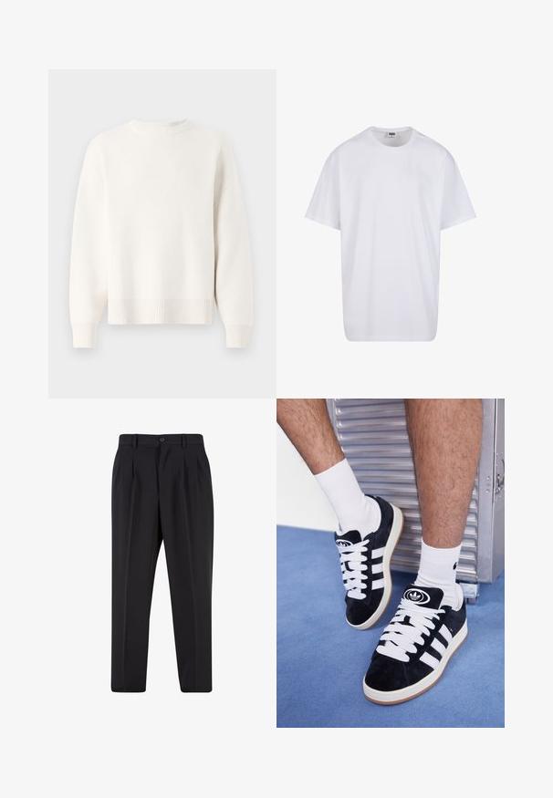 Baltas megztinis su apvaliu kaklu, nuleistomis petnešomis ir banguotu apvadu. Minkšta tekstūra ir laisvas siluetas.; Balta medvilninė marškinėlių užsagėlė su trumpomis rankovėmis, apvaliu kaklu, laisva forma ir be matomų logotipų ar raštų. Lygi tekstūra ir minimalus dizainas.; Juodi kelnių su raukšlėtu priekiu dizainu, pagaminti iš lygaus audinio. Su mygtuko užsegimu ir diržo kilpomis; tiesios kojų formos.; Juodos zomšos sportbačiai su baltais raišteliais ir trimis baltais dryžiais. Ant liežuvėlio yra apvalus juodas logotipas, o pado medžiaga – guminė.