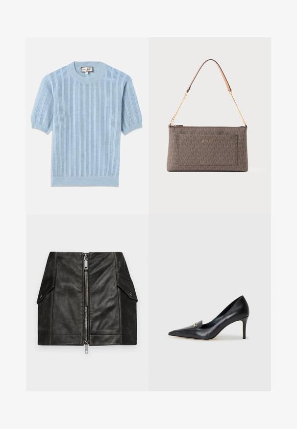 Lys blå strikket kortermet genser med ribbestruktur, rund hals og sømdetaljer langs kroppen.; Lyseblå langermet skjorte med tilpasset snitt, spiss krage og skjulte frontknapper, tilpasset midje, og knapper ved mansjettene.; Svart lær mini skjørt med glidelås foran, to sidelommer og en jevn tekstur. Har forsterkede sømmer og en strukturert design.; Svart lærpumps med spiss tå, lav vamp og dekorativ gullaccent. Har stiletthæl og glatt tekstur.; Brun rektangulær Michael Kors-veske med gjentatt logomønster, gullkjede med lærskulderputepanel, og frontlomme med merkenavn.
