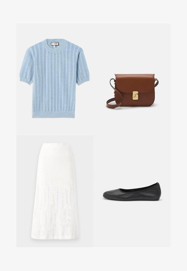 Hellblauer gestrickter Pullover mit kurzen Ärmeln, der über eine gerippte Textur, einen runden Halsausschnitt und gestickte Details entlang des Körpers verfügt.; Weißes kurzärmliges T-Shirt aus geripptem Stoff. Runder Halsausschnitt, normale Passform und dezente Nähte. Keine Muster oder Grafiken.; Gestreifte weiße Midi-Rock aus Strick mit einem strukturierten Muster und Ausschnitten am Saum. Elastischer Bund. Weiches Material.; Schwarze Leder-Ballettschuhe mit abgerundeter Spitze, glatter Textur, minimalen Nähdetails und einem flexiblen Sohlen-Design.; Braune Ledertasche mit Klappenverschluss, Beschlägen in Goldfarbe, einem Schultergurt und einer glatten Oberfläche. Kompakte rechteckige Form.