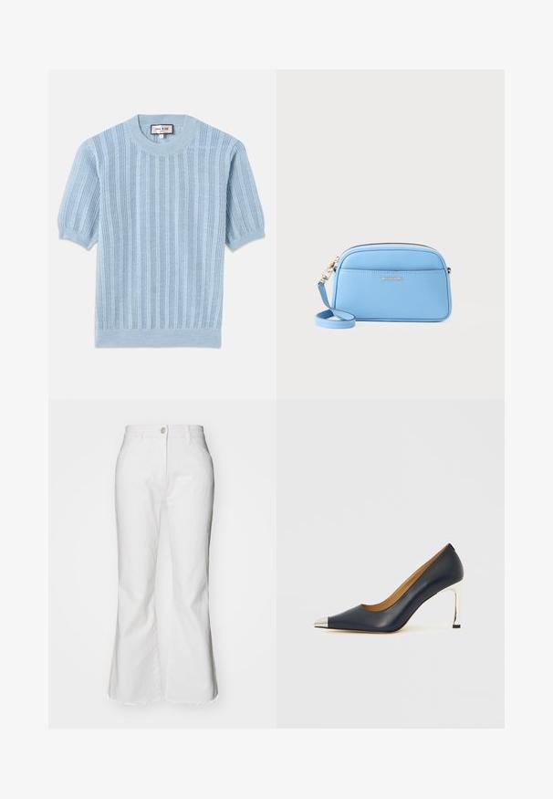 Light blue knitted short-sleeve sweater featuring ribbed texture, round neckline, and stitched detailing along the body.; White flared jeans made of denim with a raw hem. Features a button closure and front pockets. Classic design with a modern cut.; Navy leather high heel shoe with a pointed toe, featuring a silver metallic cap and a shiny silver stiletto heel.; Light blue leather crossbody bag with gold-tone hardware, zip closure, and a front pocket. Features an adjustable strap for convenience.