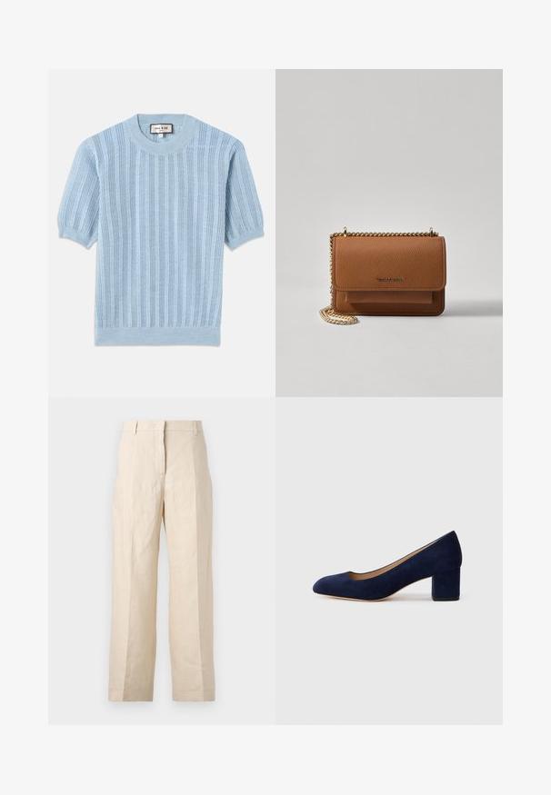 Hele sinine kudumiga lühikeste varrukatega sviiter, millel on sooniktekstuur, ümmargune dekoltee ja keha äärde õmmeldud detailid.; Bež linasest püksid, millel on lõtv istuvus, volditud eesmine osa ja sirged jalad. Omab vööd, millel on vöökohaga silmused, ja nähtavaid taskuid ei ole.; Tumesinise sametist kõrge kontsaga king, millel on terav nina ja keskmise kõrgusega plokk-konts. Sile tekstuur kerge sädelusega ja ees väike lõige.; Pruun tekstureeritud nahk ristkeha kott kuldse ahelaga rihmaga ja klapiga sulgemine. Esiküljel on logo detail ja tasku klapi all.