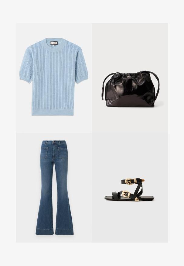 Light blue knitted short-sleeve sweater featuring ribbed texture, round neckline, and stitched detailing along the body.; Flared blue jeans in a medium wash, featuring a high waist, five pockets, and slight fading around the knees and thighs.; Black leather sandals with gold buckle accents, featuring multiple straps and a flat sole design for open-toe wear.; Small black glossy leather drawstring pouch with short handles on a light gray background.