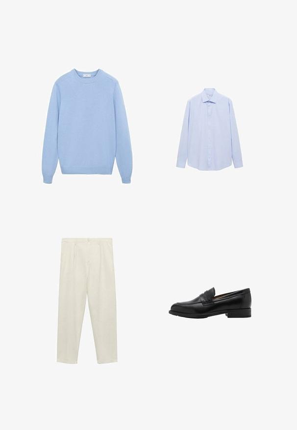 Pulover tricotat de culoare albastru deschis, cu guler rotund, manșete și tiv ribbed. Prezintă o textură netedă și mâneci lungi. Fără modele sau accente vizibile.; Cămașă lungă cu mânecă, de culoare albastru deschis, realizată dintr-un material țesut, având guler clasic și închidere cu butoni pe toată lungimea, cu un croi drept și fără modele.; Pantaloni bej deschis, cu picioare drepte, dintr-o țesătură moale, având talie înaltă, pliseuri frontale, închidere cu nasture și buzunare laterale.; Loafers negri din piele cu vârf brodat și toc plat. Textură netedă, cu vârf rotund și o curea decorativă pe instep.