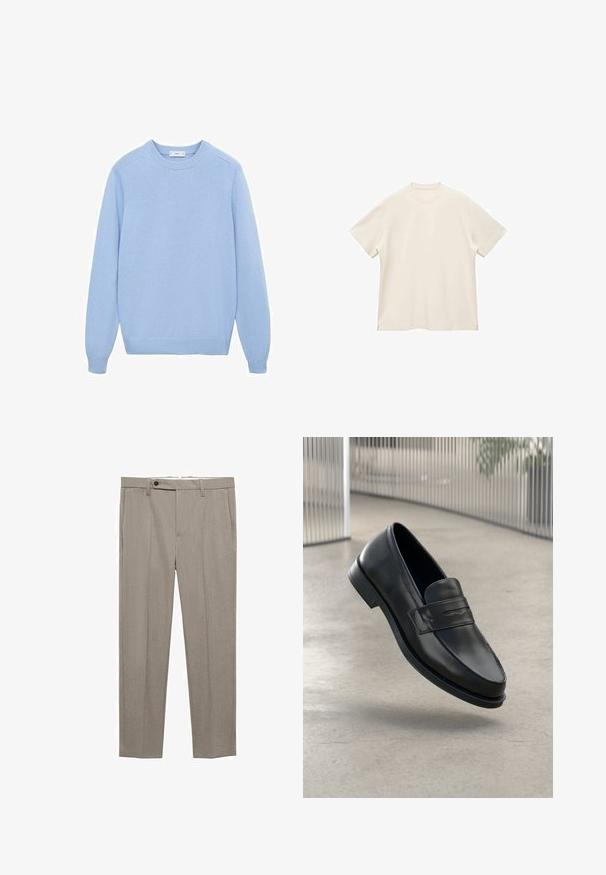 Jasnoniebieski sweter z dzianiny z okrągłym dekoltem, prążkowanymi mankietami i dołem. Posiada gładką fakturę i długie rękawy. Brak widocznych wzorów lub akcentów.; Koszulka z krótkim rękawem, okrągłym dekoltem, w miękkim, kremowym kolorze, z gładką fakturą i bocznymi rozcięciami dla luźniejszego kroju.; Beżowe dopasowane spodnie o gładkiej fakturze, prostym kroju i pojedynczym zapięciem na guzik z przodu. Posiadają kieszenie boczne i czysty dół.; Czarna skórzana wsuwana półbut, o gładkiej fakturze, spiczastym nosku i ozdobnym paskiem na podbiciu. Lekka podeszwa, minimalistyczny design.