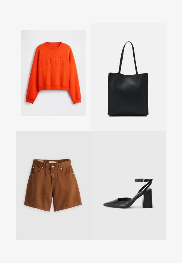 Sudadera corta naranja con cuello redondo y hombros caídos. Presenta texto en relieve "STUDIO" en el centro y puños y dobladillo de canalé.; Shorts de mezclilla marrones con cinco bolsillos, cierre frontal con botón y remaches de cobre. Tienen un corte recto y una textura suave.; Zapato de tacón puntiagudo de cuero negro con tira en el tobillo y tacón ancho. Textura plana, diseño elegante y estética minimalista.; Bolso tote de cuero negro con textura lisa, forma rectangular y dos asas largas. Sin herrajes ni adornos visibles.