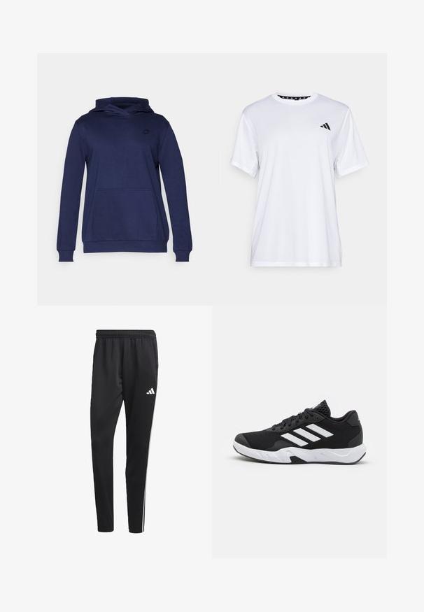Temno modra kapuca iz mehkega blaga, z sprednjim žepom, rebrastimi manšetami in majhnim logotipom na prsih. Preprost, sproščen dizajn.; Bela športna majica s kratkimi rokavi, izdelana iz tkanine, ki odvaja vlago. Ima črn logotip na levem prsnem delu in vzorčasto notranjo vratno odprtino.; Črne atletske hlače z raztegljivim pasom, belimi stranskimi črtami in majhnim belim logotipom na stegnu. Narejene so iz gladkega, lahkega materiala.; Črne atletske čevlje z strukturiranim mrežastim zgornjim delom, belimi poudarnimi črtami, oblazinjenim podplatom in ojačanim petnim delom za podporo.
