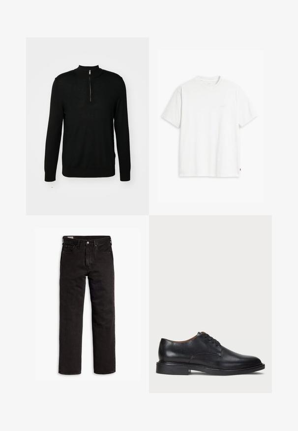 Zwarte gebreide trui met een hoge kraag en een halve rits. Lange mouwen en een aansluitend ontwerp, met een soepele textuur en minimale details.; Witte katoenen T-shirt met korte mouwen, ronde hals en subtiele Levi's logo gedrukt in het midden. Zachte textuur en standaard pasvorm.; Zwarte recht gesneden denim jeans met vijf zakken, knoopsluiting en riemlussen, plat gelegd op een witte achtergrond.; Zwart leren dresschoen met een ronde neus, vetersluiting en een lage gestapelde hak. Gladde textuur met minimale stiksels.
