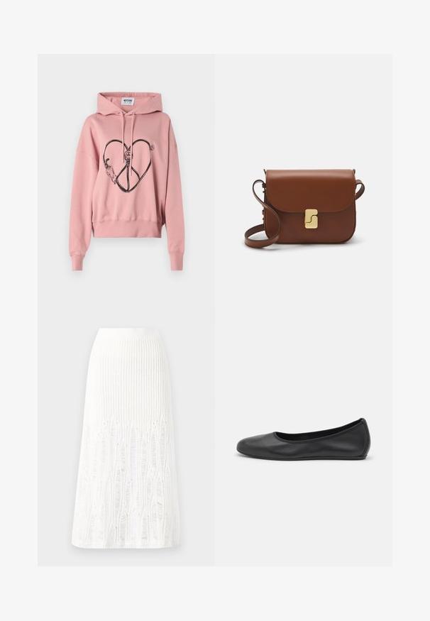Šviesiai rožinė suknelė su laisvu siluetu, kuriame yra juodas širdies ir taikos simbolio grafikas priekyje. Yra su raišteliu reguliuojama kapuce ir raukiniais rankogaliais.; Balta megzta midi sijoninė su tekstūruotu raštu, vertikaliomis linijomis ir išpjovomis arti apatinės dalies. Elastinga juostos dalis. Minkšta medžiaga.; Juodai odiniai baletai su apvaliu pirštu, lygi texture, minimalus siuvimo detales ir lanksčiu padų dizainu.; Ruda odinė rankinė su uždaromu dangteliu, aukso spalvos detalėmis, petneša ir lygiu paviršiumi. Kompaktiška stačiakampio formos.