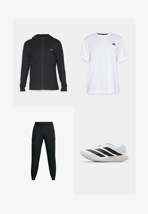 Crna dukserica na zip s kapuljačom, napravljena od glatkog materijala. Ima mali logo na prsima i bočne džepove. Ravnog kroja s dugim rukavima.; Bijela atletska majica kratkih rukava, napravljena od tkanine koja upija vlagu. Ima crni logo na lijevoj strani prsiju i uzorčeni unutarnji obrub dekoltea.; Crne atletske hlače s elastičnim pojasom, suženim nogavicama, bočnim džepovima i kontrastnim panelima. Lagana, glatka tkanina.; Lagane tenisice za trčanje u svijetloplavoj boji s crnim trakama. Imaju glatku gornju površinu, okrugli vrh i debeli bijeli srednji sloj označen "LIGHTSTRIKE PRO."