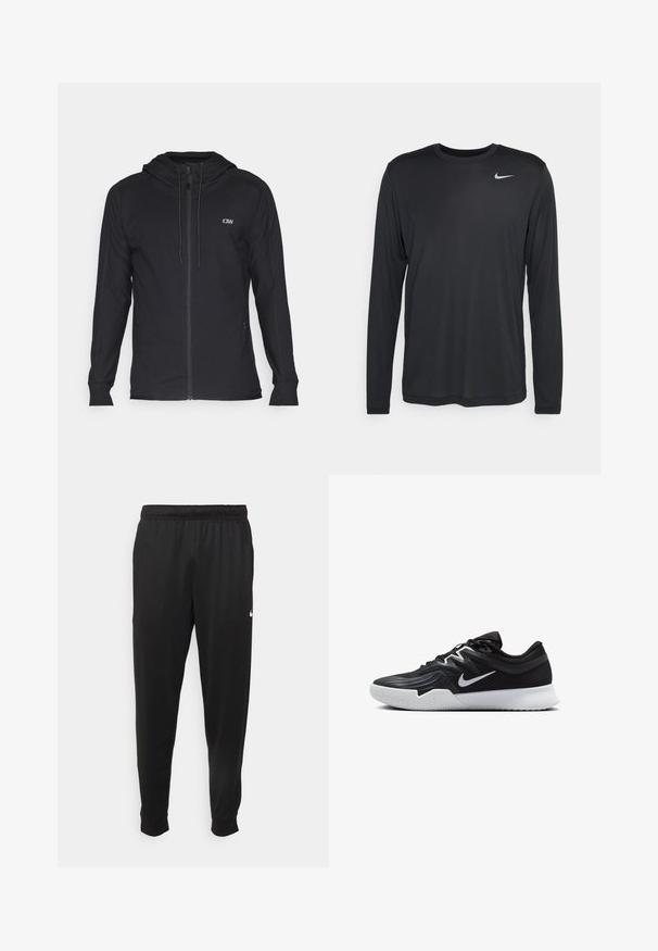 Crna dukserica na zip s kapuljačom, napravljena od glatkog materijala. Ima mali logo na prsima i bočne džepove. Ravnog kroja s dugim rukavima.; Crna dugava majica s dugim rukavima marke Nike izrađena od laganog materijala. Ima okrugli izrez i mali bijeli Nike logo na gornjem lijevom dijelu prsa.; Crne atletske hlače od glatkog materijala, s elastičnom pasicom, sužavajućim nogavicama i malim bijelim logom na lijevoj strani.; Crna sportska cipela s teksturiranim gornjim dijelom, bijelim Nike swooshom i bijelim gumennim potplatom. Ima dizajn s vezanjem i dinamičan oblik.