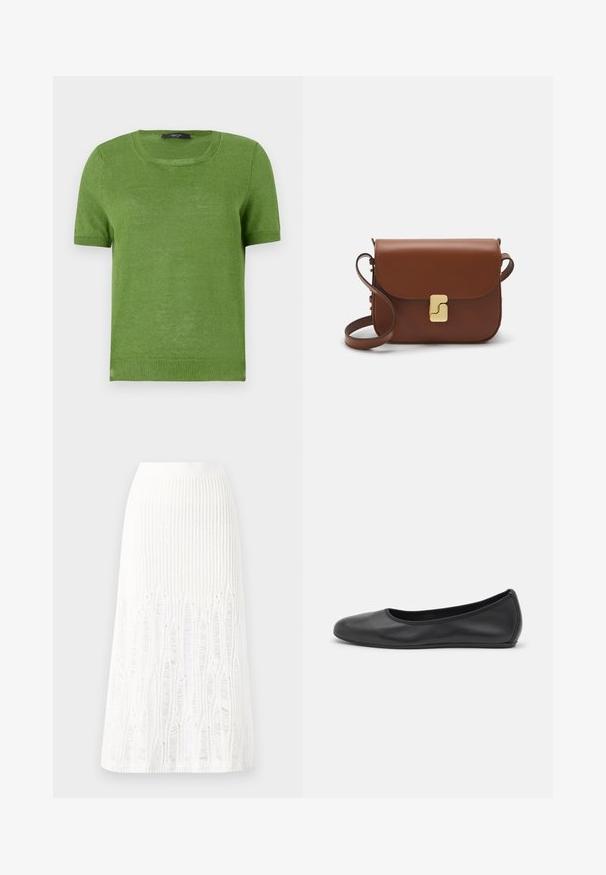 Zöld, rövid ujjú, kötött pulóver kerek nyakkal, sima textúrával és bordázott részletekkel az ujjaknál és az alján.; Fehér kötött midi szoknya, amelynek textúrája függőleges vonalakkal és kivágott részletekkel díszített az alján. Rugalmas derékpánt. Puha anyag.; Fekete bőr balettcipő lekerekített orral, sima tekstúrával, minimális varrással és rugalmas talp kialakítással.; Barna bőr kézitáska, hajtókás zárással, arany színű fém kiegészítőkkel, vállpánttal és sima felülettel. Kompakt téglalap alakú.
