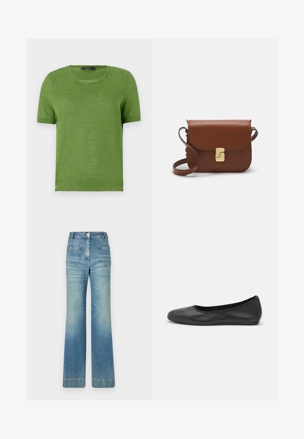 Zeleni kratkodlaki pleteni pulover s okruglim izrezom, s glatkom teksturom i rebrastim detaljima na rukavima i rubu.; Svijetloplave traperice s flare krojem, pet džepova, petljama za pojas, zatvaranjem na gumb i blago izblijedjelom teksturom, s detaljem crvenog loga na stražnjoj strani.; Crne kožne baletanke s zaobljenim vrhom, glatke teksture, minimalnim detaljima šavova i fleksibilnim dizajnom potplata.; Smeđa kožna torba s preklopom, zlatnim detaljima, remenom za nošenje preko ramena i glatkom teksturom. Kompaktni pravokutni oblik.