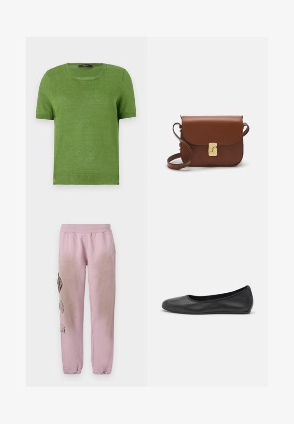 Suéter de punto verde de manga corta con cuello redondo, que presenta una textura suave y acentos acanalados en las mangas y el dobladillo.; Pantalones de chándal rosas con cintura elástica, que presentan parches decorativos en forma de diamante en el lado izquierdo y puños elásticos en los tobillos.; Bailarina de piel negra con punta redondeada, textura suave, detalle de costura minimalista y diseño de suela flexible.; Bolso de mano de cuero marrón con cierre de solapa, herrajes en tono dorado, correa para el hombro y una textura suave. Forma rectangular compacta.