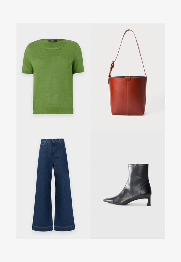 Grøn kortærmet strikket sweater med rund halsudskæring, der har en glat tekstur og ribbede detaljer ved ærmerne og kanten.; Bredde ben blå denim jeans med høj talje, der har knaplukning, bæltestropper og diskrete syninger langs lommerne og kanterne.; Sort læder ankelstøvle med spids tå og et strømlinet design. Har en lav hæl og en lynlås lukning bagpå. Glat tekstur.; Brun læderspandtaske med justerbar skulderrem og guldfarvet spænde, enkel lodret sømdetalje foran.