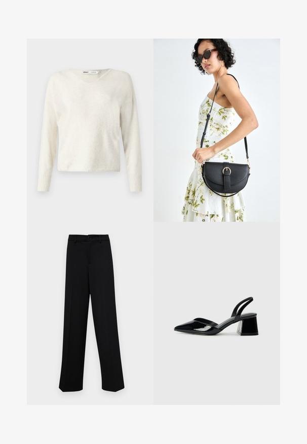 Pulover crem cu decolteu în V, realizat dintr-un material moale, cu mâneci lungi și mansete cu nervuri, având un design ușor scurtat și lejer.; Pantaloni negri cu croi larg, dintr-un material neted, având un talie clasică cu închidere prin buton și plisuri frontale.; Pantofi cu toc slingback din piele lacuită neagră, cu vârf ascuțit și toc geometric. Prezintă un design elegant, minimalist și o textură netedă.; Geantă din piele neagră, cu o formă curbată, curea detașabilă și accesorii aurii. Geanta are un capac cu un detaliu tip cataramă.
