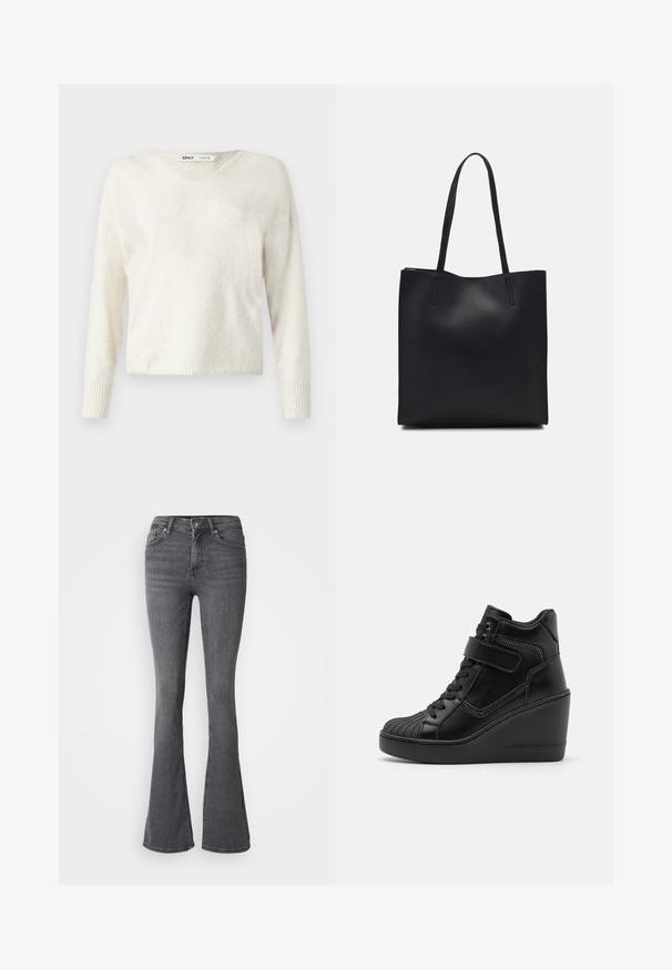 Kreminė V formos kaklo megztinis, pagamintas iš minkštos medžiagos, su ilgomis rankovėmis ir raštuotais rankogaliais, su šiek tiek trumpu, laisvu siluetu.; Pilki platėjančio kirpimo džinsai su aukšta juosmens linija, mygtuko užsegimu, penkiomis kišenėmis ir subtiliais siuvinėjimo akcentais. Pagaminti iš lygios tekstūros džinsinio audinio.; Juodos aukštos sportinės bateliai su pakylomis, pagaminti iš lygaus odos, turintys raištelius, reguliuojamą diržą ir dekoratyvinius užtrauktukus.; Juodas odinis tote krepšys su lygia tekstūra, stačiakampio formos ir dviem ilgais rankenomis. Matomų metalinių detalių ar puošybos nėra.