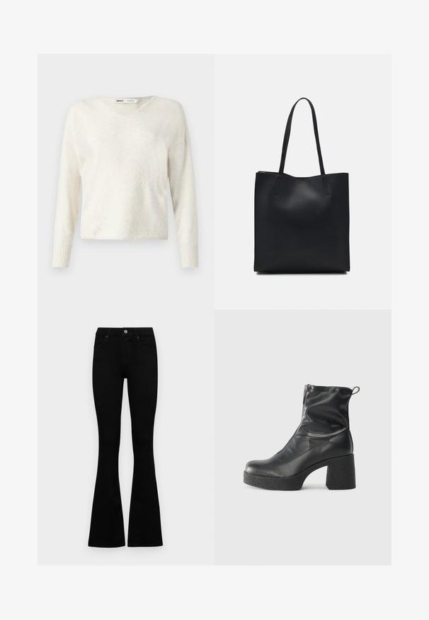 V-neck cream sweater made of soft material, featuring long sleeves and ribbed cuffs, with a slightly cropped, loose-fitting design.; Black high-waist jeans with a button and zip closure, front pockets, and flared legs laid flat on a white background.; Black ankle boots made of smooth leather, featuring a side zipper, chunky textured heel, and rounded toe design.; Black leather tote bag with smooth texture, rectangular shape, and two long handles. No visible hardware or embellishments.