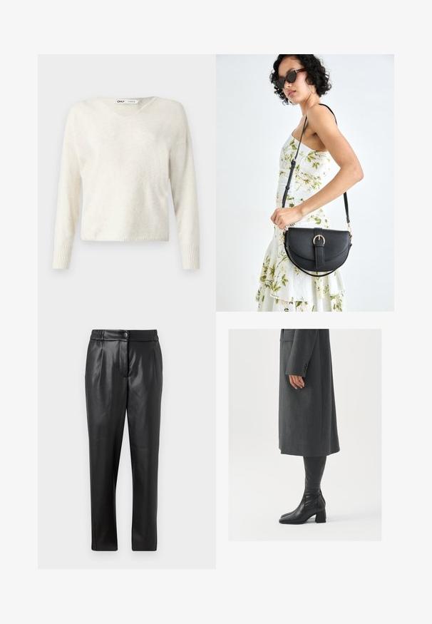 Suéter creme em formato V feito de material suave, com mangas longas e punhos canelados, apresentando um design ligeiramente cropped e de corte solto.; Calças de couro pretas com uma textura suave, corte reto, cintura elástica e fecho com botão na frente; detalhe plissado e pernas afuniladas.; Casaco cinza, ajustado, com corte reto; combinado com botas de couro pretas até ao joelho, com biqueira quadrada e salto grosso.; Bolsa de couro preta com forma curva, alça destacável e detalhes em dourado. A bolsa possui uma aba com detalhe de fivela.