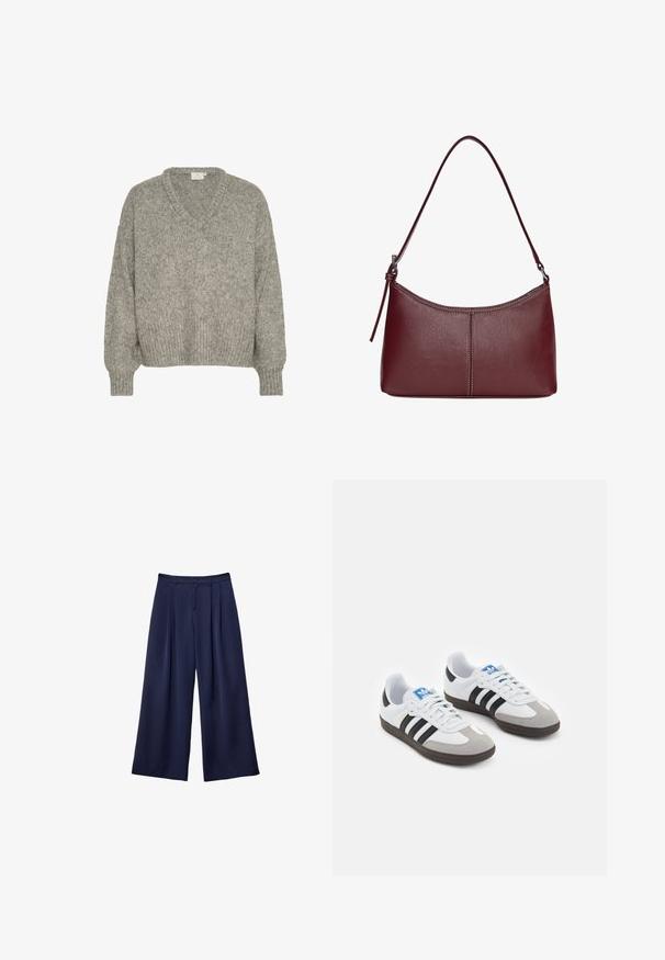 Hellgrauer Strickpullover mit V-Ausschnitt, lockerer Passform, gerippten Bündchen und Saum. Hergestellt aus strukturiertem Material mit weicher Optik.; Marineblaue weite Hosen mit Falten, Knopfverschluss und Gürtelschlaufen, flach auf einem weißen Hintergrund präsentiert.; Sportschuhe mit einem Obermaterial aus weißem Leder, grauer Wildleder-Zehenkappe und drei schwarzen Streifen. Sie verfügen über ein blaues Logo auf der Zunge und eine strukturierte Gummisohle.; Bordeauxfarbene Ledertasche mit geschwungener Form, einem einzigen Schulterriemen und gesteppten Details in der Mitte. Glatte Textur, minimales Zubehör.