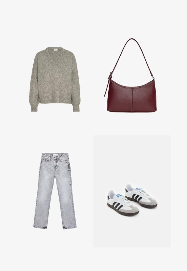 Hellgrauer Strickpullover mit V-Ausschnitt, lockerer Passform, gerippten Bündchen und Saum. Hergestellt aus strukturiertem Material mit weicher Optik.; Graue Jeans aus Denim mit geradem Bein, mit Used-Effekten, fünf Taschen und kupferfarbenen Nieten. Der Bund verfügt über ein Logoshirt.; Sportschuhe mit einem Obermaterial aus weißem Leder, grauer Wildleder-Zehenkappe und drei schwarzen Streifen. Sie verfügen über ein blaues Logo auf der Zunge und eine strukturierte Gummisohle.; Bordeauxfarbene Ledertasche mit geschwungener Form, einem einzigen Schulterriemen und gesteppten Details in der Mitte. Glatte Textur, minimales Zubehör.