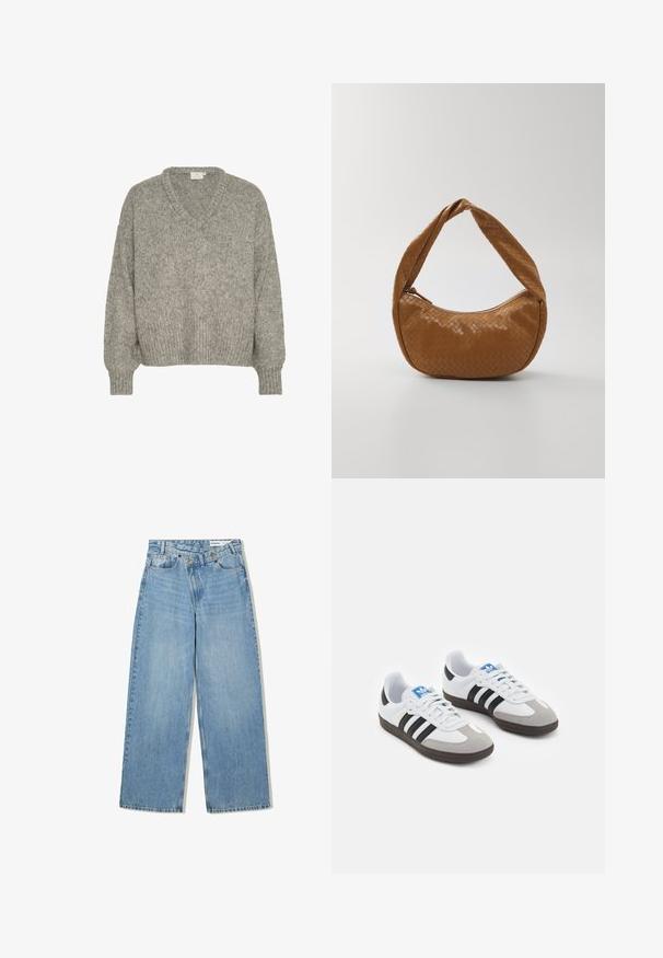 Pulover tricotat gri deschis, cu guler în V, croială lejeră, manșete și margine ribbed. Realizat dintr-un material texturat cu un aspect moale.; Jeans largi de culoare albastru deschis, confecționați din denim, cu talie înaltă, cinci buzunare, închidere cu nasture și ușoară decolorare pentru textură.; Încălțăminte sport cu un superior din piele albă, vârf din suede gri și trei dungi negre. Prezintă un logo albastru pe limbă și o talpă din cauciuc texturat.; Geantă din piele țesută, de culoare bej, cu formă ovală, având un mâner împletit gros, prevăzută cu închidere cu fermoar și o textură lucioasă.