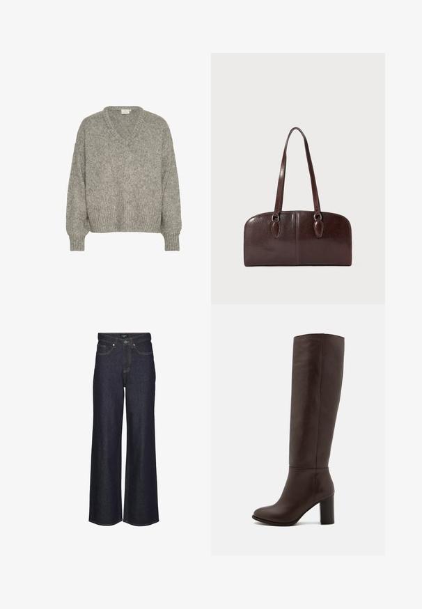 Vaaleanharmaa neulepaita, jossa on V-pääntie, löysä malli sekä ribbireunat hihoissa ja helmassa. Valmistettu tekstuuripinnoitteisesta kankaasta, joka on pehmeän näköinen.; Korkeavyötäröiset leveälahkeiset farkut tummasta denimestä. Ominaisuuksina klassinen ompelu, viisi taskua ja napitus edessä.; Kahvipunaiset nahka polvipituiset saappaat, joissa on tukevat korot, sileä pinta, pyöristetty kärki ja minimaalinen ompelu.; Ruske kožne torbe s dva dugačka ručka, strukturiranog pravokutnog oblika, glatke teksture i zaobljenih rubova. Sadrži detalje s naglaskom na ručkama.