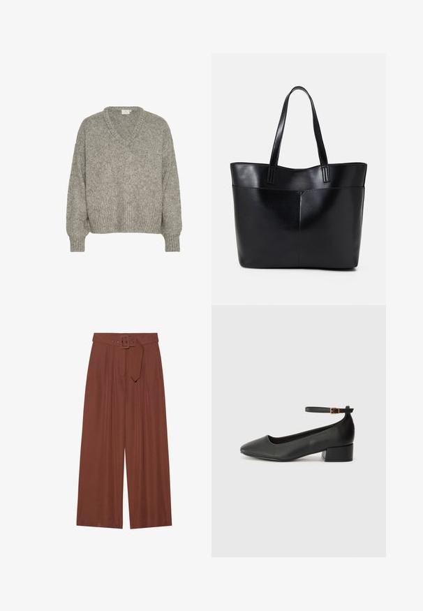 Hellgrauer Strickpullover mit V-Ausschnitt, lockerer Passform, gerippten Bündchen und Saum. Hergestellt aus strukturiertem Material mit weicher Optik.; Braune Weitbeinehosen aus Stoff, mit einem Gürtel mit eckiger Schnalle, gefältetem Design und glatter Textur.; Schwarze Lederpumps mit spitzem Zehenbereich und niedrigem Blockabsatz. Mit einem Knöchelriemen und einer goldfarbenen Schnalle. Glatte Textur.; Schwarze Leder-Shopper-Tasche mit zwei langen Griffen, einer glatten Textur und einer strukturierten Form. Verfügt über eine Vordertasche für zusätzlichen Stauraum.