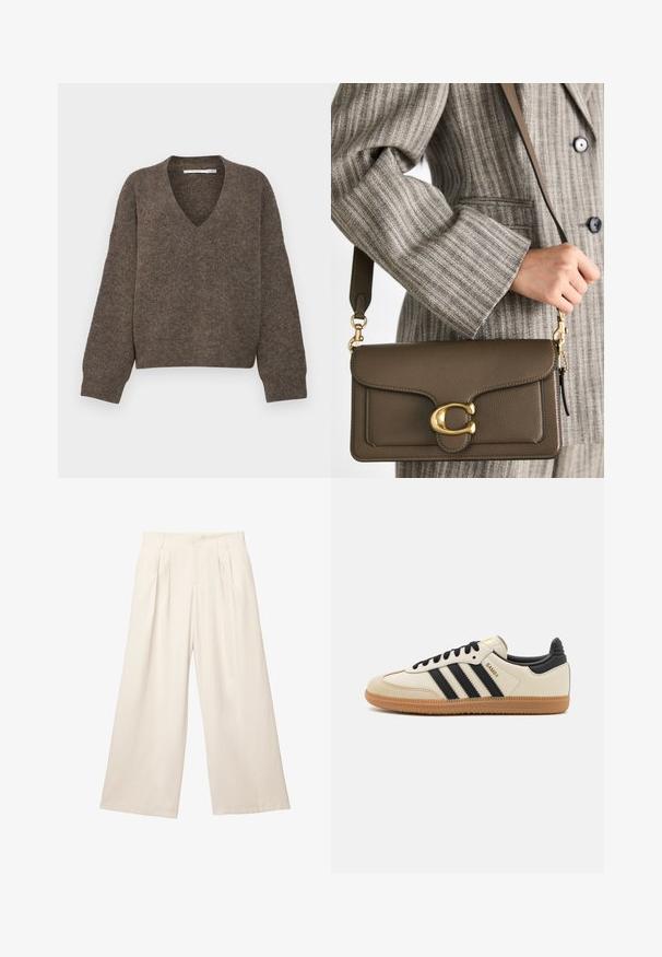 Barna, V nyakú pulóver, hosszú, enyhén puffos ujjakkal, textúrált kötött anyagból készült, rövidített fazonban.; Széles lábú nadrág világos bézs színben, puha, textúrált anyagból. Elöl pliszével és elasztikus derékkal rendelkezik a kényelmes viselet érdekében.; Beige sportcipő fekete csíkokkal, gumi talppal és fekete részletekkel. Simára cserzett bőr felsőrésze és kerek orra van.; COACH TABBY SHOULDER BAG 26 - Kézitáska - dark stone; Arany lánc nyaklánc, hosszúkás, téglalap alakú karikákból készült. Egy fekete csipkebetétes ing fölött viselik, sima, fényes felülettel.