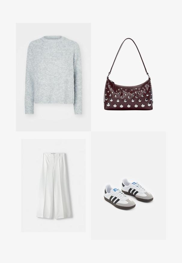 Helles graues Pullover mit Rundhalsausschnitt, langen Ärmeln und einer weichen, strukturierten Oberfläche. Keine sichtbaren Muster oder Hardware-Details.; Dunkelgraues Camisole mit dünnen Trägern, verziert mit einem floralen Spitzenbesatz entlang des Ausschnitts. Glatter Stoff mit lockerem Sitz und ohne zusätzliche Details.; Bershka WIDE-LEG TAILORED - Stoffhose - white; Sportschuhe mit einem Obermaterial aus weißem Leder, grauer Wildleder-Zehenkappe und drei schwarzen Streifen. Sie verfügen über ein blaues Logo auf der Zunge und eine strukturierte Gummisohle.; Burgunderfarbene Lederhandtasche mit runder Form, ausgestattet mit metallischen runden Nieten und einem Reißverschluss oben, begleitet von einem einzelnen Schulterriemen.