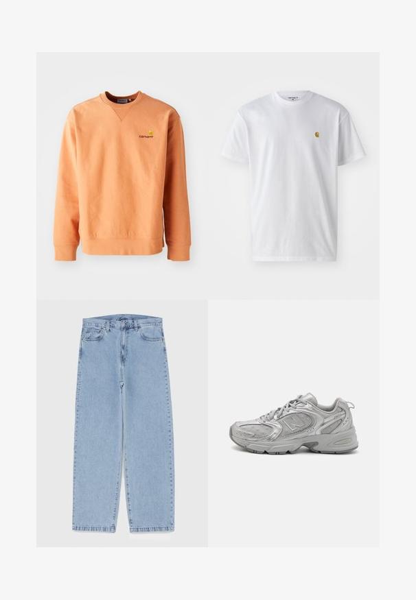 Oranssi huppari pitkillä hihoilla ja pyöreällä kaula-aukolla. Ribatut hihansuut ja helma, jossa on pieni keltainen Carharttin logo rinnassa. Pehmeä tekstuuri.; Valkoinen puuvillapaita lyhyillä hihoilla, pyöreä kaula-aukko, jossa on pieni kultainen logo vasemmassa rintapielessä. Pehmeä kangas ja normaali istuvuus.; Vaaleansiniset farkut suoran lahkeen muotoilulla, joissa on puolivälin vyötärö, viisi taskua sekä nappi- ja vetoketjusuljenta.; Hopea urheilukenkä, jossa on tyylikäs muotoilu, verkkomaiset paneelit, pehmustettu kieli, teksturoitu synteettinen päällinen ja kumipohja pidon parantamiseksi.