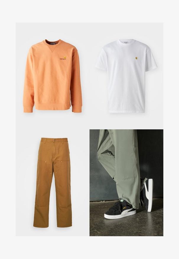 Felpa arancione con maniche lunghe e collo a giro. Polsini e orlo a coste, con un piccolo logo giallo Carhartt sul petto. Texture morbida.; T-shirt bianco in cotone con maniche corte, con colletto girocollo, caratterizzato da un piccolo logo dorato sulla parte sinistra del petto. Tessuto morbido e vestibilità regolare.; Pantaloni utility in cotone marrone con design a gamba dritta, dotati di tasche anteriori e dettagli in metallo per una maggiore durata.; Sneaker in suede nero con suole in gomma bianca e strisce laterali, abbinate a pantaloni cargo verde chiaro, in piedi su una superficie scura e texture.