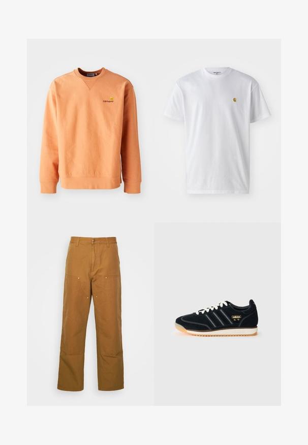 Orange sweatshirt med lange ærmer og rund hals. Ribbet manchetter og kant, med et lille gult Carhartt-logo på brystet. Blød tekstur.; Hvid bomulds t-shirt med korte ærmer, rund hals og et lille guld logo på venstre brystområde. Blød tekstur og almindelig pasform.; Brune bomuldsarbejdsbukser med lige ben-design, der har frontlommer og metalhardware detaljer for ekstra holdbarhed.; Sorte ruskinds sneakers med hvide snørebånd, tre hvide striber på siden, strukturerede detaljer og en gummisål med en let orange nuance.