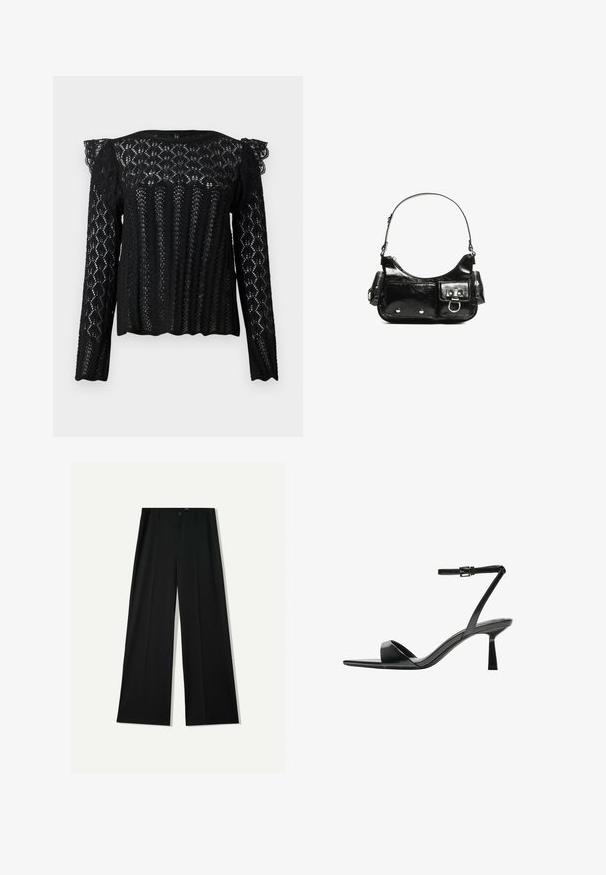 Czarna bluzka z długim rękawem z koronką, złożona z misternych geometrycznych wzorów oraz falbanek na ramionach, z falbaniastym dołem i mankietami.; Bershka WIDE czarny; Bershka - Sandały na obcasie; Czarna torebka z lakierowanej skóry o zaokrąglonym kształcie, z jednym paskiem na ramię, przednimi kieszeniami i akcentami w kolorze srebrnym.