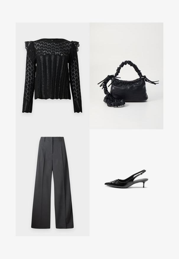 Bluză neagră cu mânecă lungă din dantelă, cu modele geometrice complicate și detalii cu volane pe umeri, tiv ondulat și mansete.; Pantaloni culți din țesătură gri închis, cu talie înaltă, pliuri simple și o textură netedă, cu o finisare curată la tivuri.; Cizme slingback din piele neagră, cu vârf ascuțit, toc mic de tip kitten heel și un detaliu decorativ sub formă de nod în față. Textură netedă pe întreaga suprafață.; Geantă din faux leather neagră cu textură de crocodil, cu partea superioară strânsă și o curea mototolită. Pare moale și compactă ca design.