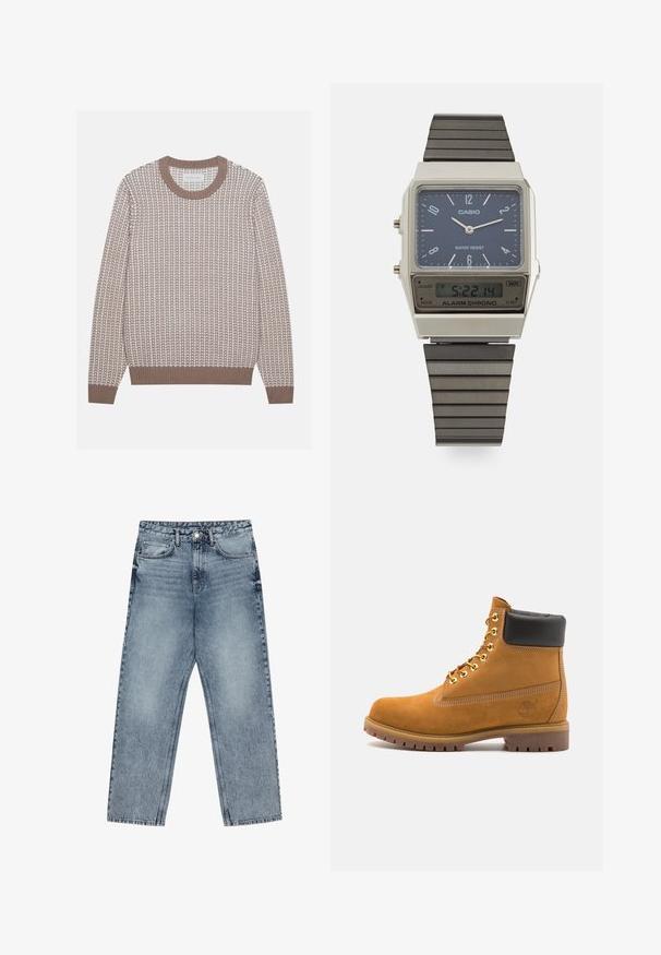 Beige crewneck pulóver texturált kötött mintával, kontrasztos világos részletekkel és bordázott ujjak és alsó szegély. Puha anyag, laza szabással.; Világoskék farmernadrág egyenes szárú szabással, látható varrással, öt zsebes kialakítással és gombos derékkal.; Barna velúr bokacipő fekete párnázott gallérral, arany fém fűzőlyukakkal, fehér varrási részletekkel és durva gumitalppal, amelynek kifejezett barázdái vannak.; Casio digitális óra kékkel díszített számlappal, ezüst tokban és rétegezett fekete gumiszíjjal. Idő- és riasztásbeállításokat mutat. Vízálló.